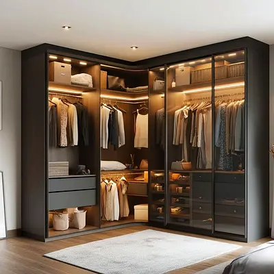 Custom Walk-In Wardrobe with Glass Doors – L Shape Built-In Bedroom Closet