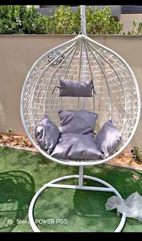 White Wicker Egg Hanging Chair with Cushion and Stand - Good Condition