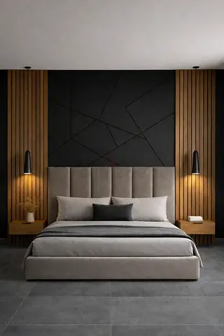 Modern upholstered king bed with padded headboard - neutral grey
