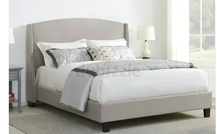 Upholstered queen bed frame with nailhead trim - light grey