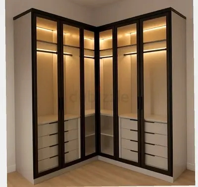Corner Glass-Door Wardrobe with LED Lighting — L-shaped Closet Unit