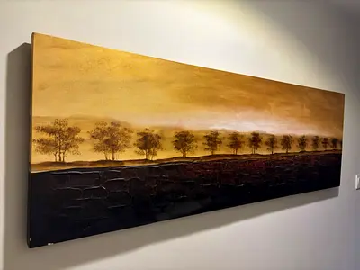 Large Horizontal Landscape Painting with Gold and Earth Tones 150x50cm