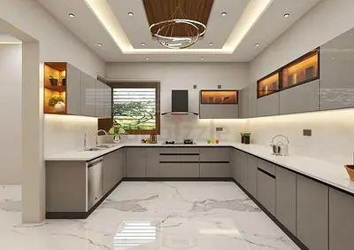 Modern Grey U-Shaped Kitchen Cabinets