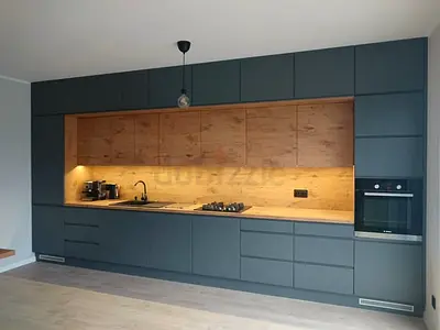 Modern fitted kitchen cabinetry dark grey & wood finish