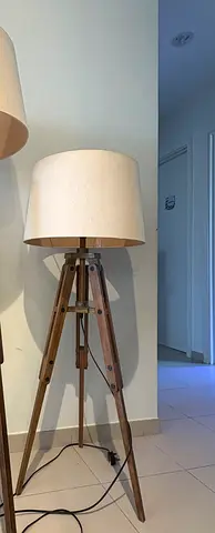 Short Wooden Tripod Floor Lamp with Beige Shade - Good Condition 124 cm