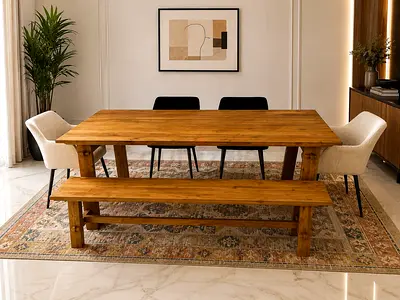 Marina Home Designer Dining Set | Solid Wood Statement Table + Bench + Chic Bouclé Chairs