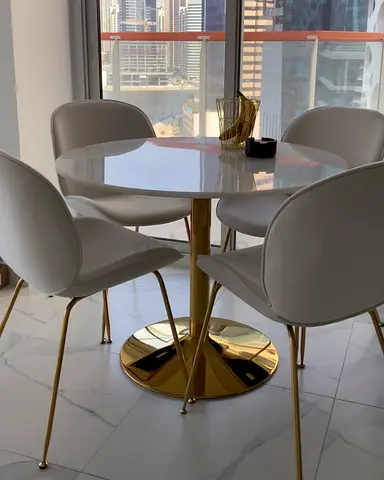 Real Marble round dining table with 4 chairs gold beige