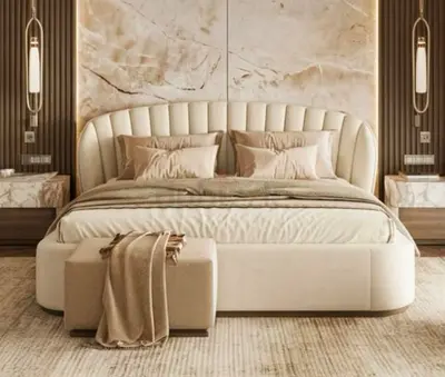 Luxury Padded Bed Set with Curved Headboard and Ottoman