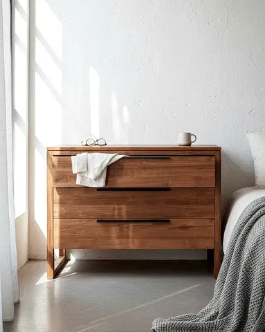 CRATE & BARREL Linea II Natural Three-Drawer Chest of drawers dresser solid teak wood L125 H90 D50cm