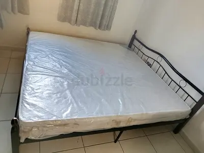Metal Double Bed Frame King size with Mattress, 2 Side Tables- Good Condition