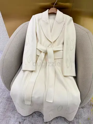 Cream wool belted long coat