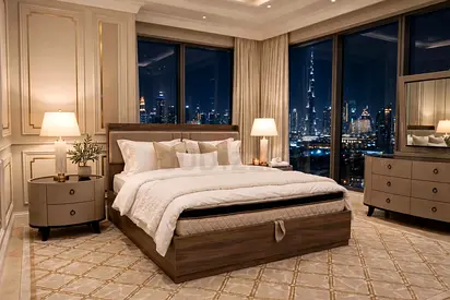 Queen size wooden bed frame with mattress and matching bedside tables - set