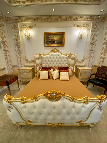 Classic Italian Design Bed White Pure leather and Gold Tufted King Bed with Matching Nightstands