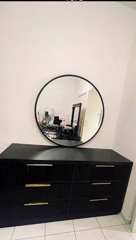 Black 6-Drawer Dresser with Round Wall Mirror - Good Condition