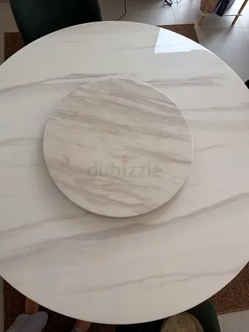 Round marble-effect dining table with rotating lazy Susan and 4 chairs- good condition