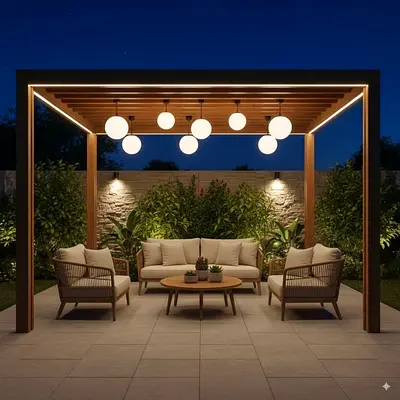 Modern Wooden Pergola and Outdoor Seating Set with Lighting