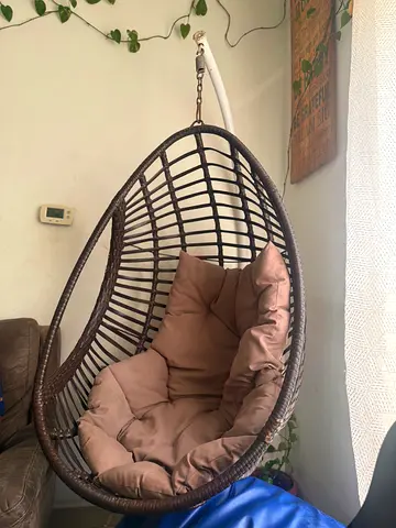 Brown Rattan Egg Hanging Chair with Cushion and Stand