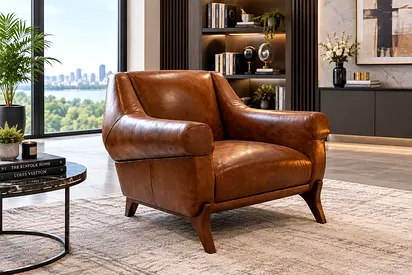 Mid century Brown genuine Leather Armchair — Classic Single Sofa Chair, Good Condition