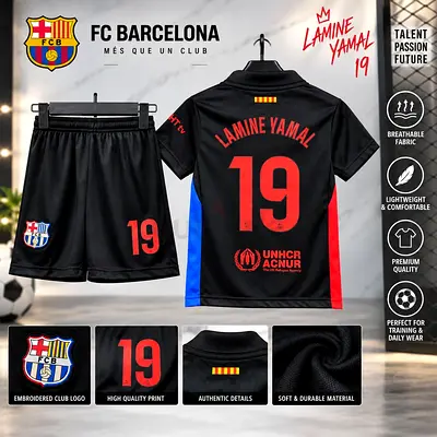 FC Barcelona Black Home Kit Jersey & Shorts - #19 Lamine Yamal (Unisex)