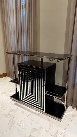 Modern Black Glass and Chrome Home Bar with Wine Rack