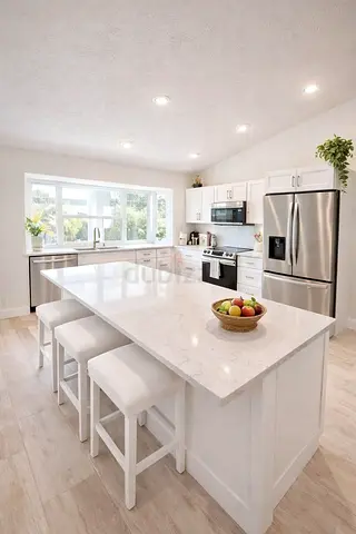 Large White Kitchen Island with Marble Top Custom made
