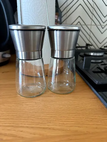 Pair of stainless steel and glass salt & pepper grinders — brand new