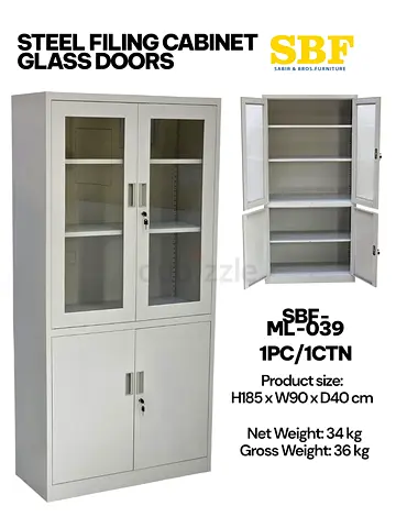Metal Filing Cabinet with Glass Doors - 2-Section Storage (H185 x W90 x D40cm)
