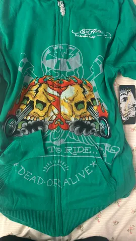 Vintage Ed Hardy Green Rhinestone Zip Hoodie "Live to Ride" - Y2K Christian Audigier
