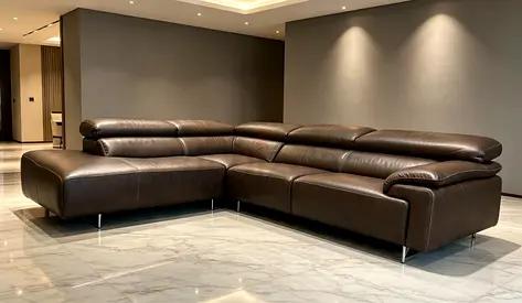 Italy L-shaped Brown Leather Corner Sofa with Adjustable Headrests