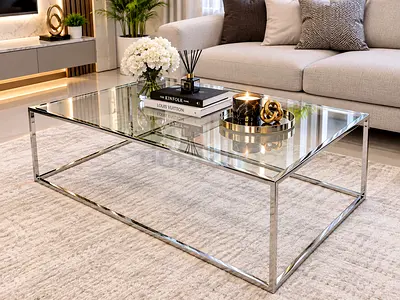 Glass and Chrome Rectangular Coffee Table - Modern Minimalist Design