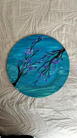 Hand-painted acrylic sakura trees in blue turquoise background artwork on ceramic plate