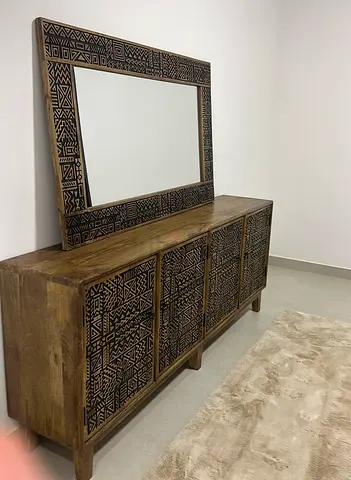 Solid Wood Sideboard with Carved Tribal Panels and Large Mirror