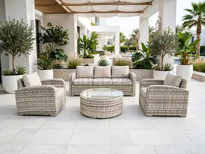 5-piece Outdoor Rattan Sofa Set with Cushions and Coffee Table