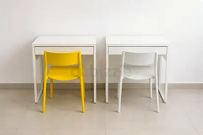 Set of 2 Minimalist White Study Tables with Chairs (Yellow & blue)