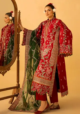 Minha by ishq 3 piece pre loved Red Embroidered Pakistani Lawn Suit with Green Dupatta - Size M