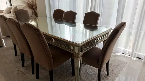 Mirrored Glass Top Dining Table with 8 Beige Velvet Chairs - Good Condition
