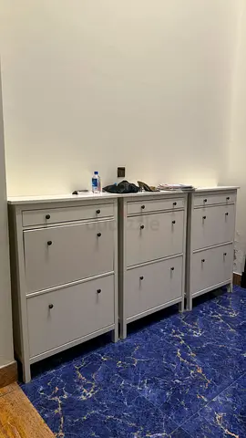 3 White Wooden Shoe Cabinet with Drop-Down Storage - Good Condition 100aed each