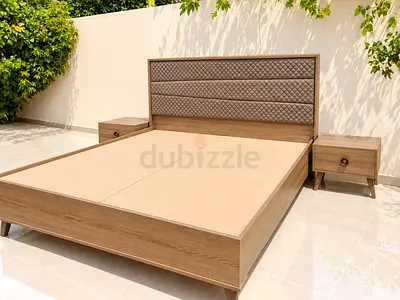 Wooden Double Bed Frame with Quilted Headboard and Two Nightstands