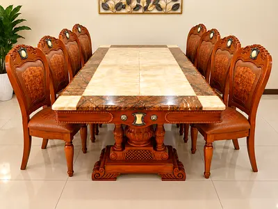 Solid Wood Marble-Top Dining Table with 8 Carved Chairs - Classic Set