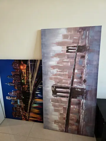 Large Canvas Cityscape Paintings - Pair, Ready to Hang