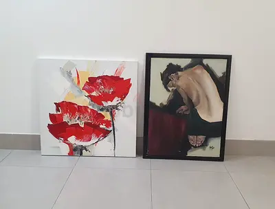 Pair of framed paintings — floral canvas & figurative oil-style print