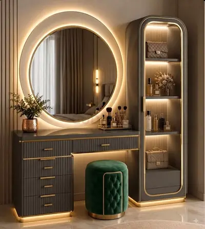 Modern Grey Vanity Desk with LED Round Mirror and Display Cabinet