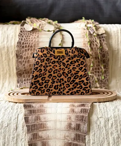 Fendi petite peekaboo Leo pard print tote bag brown
