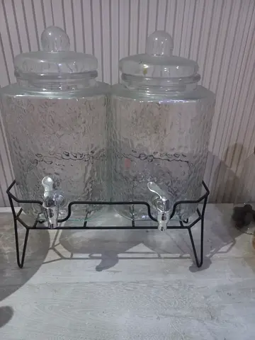 Pair of Glass Beverage Dispensers with Stands and Spigots