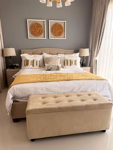 King size upholstered bed with storage bench and 6 drawer dresser- beige
