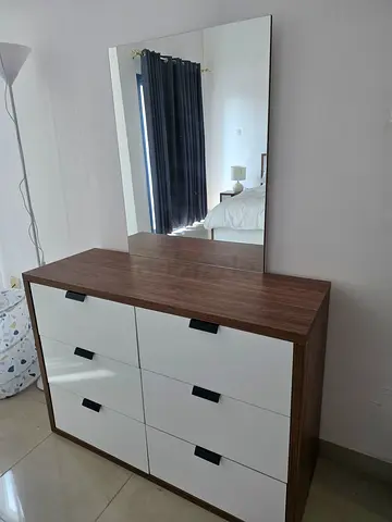 King wooden bed frame with mattress bedside cabinet and dresser with mirror - good condition