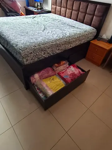Double bed with storage drawers and upholstered headboard - good condition including Danube Mattress