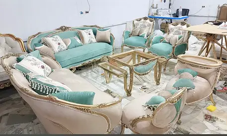 Used Classic French-Style 7 Seater Living Room Sofa Set - Turquoise & Cream