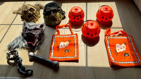 Set of 3 Plastic Halloween Pumpkin Treat Buckets, 3 masks and 2 bags- great condition used only once