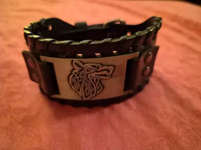 Mens Wolf Faux Leather Black Cuff Bracelet